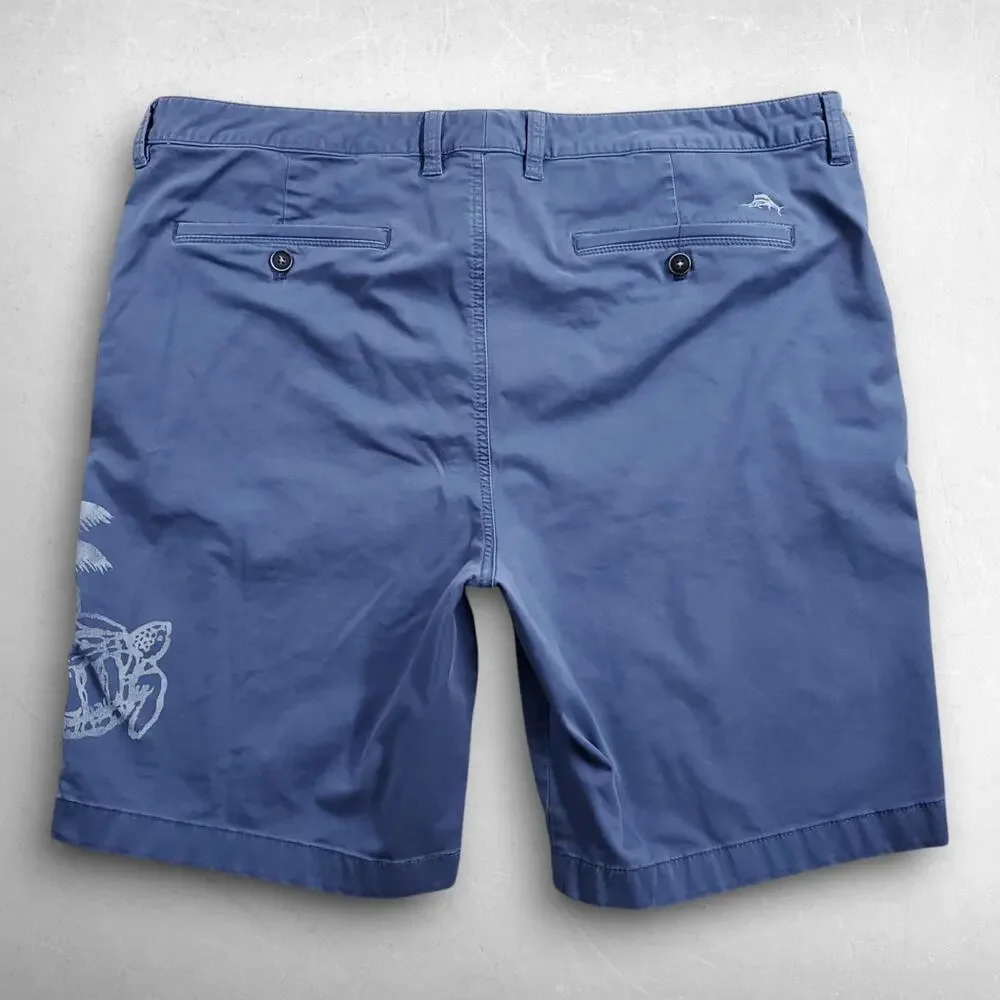 Tommy‎ Bahama Chino Shorts Mens 40 Blue Flat Front Stretch Turtle Print Casual